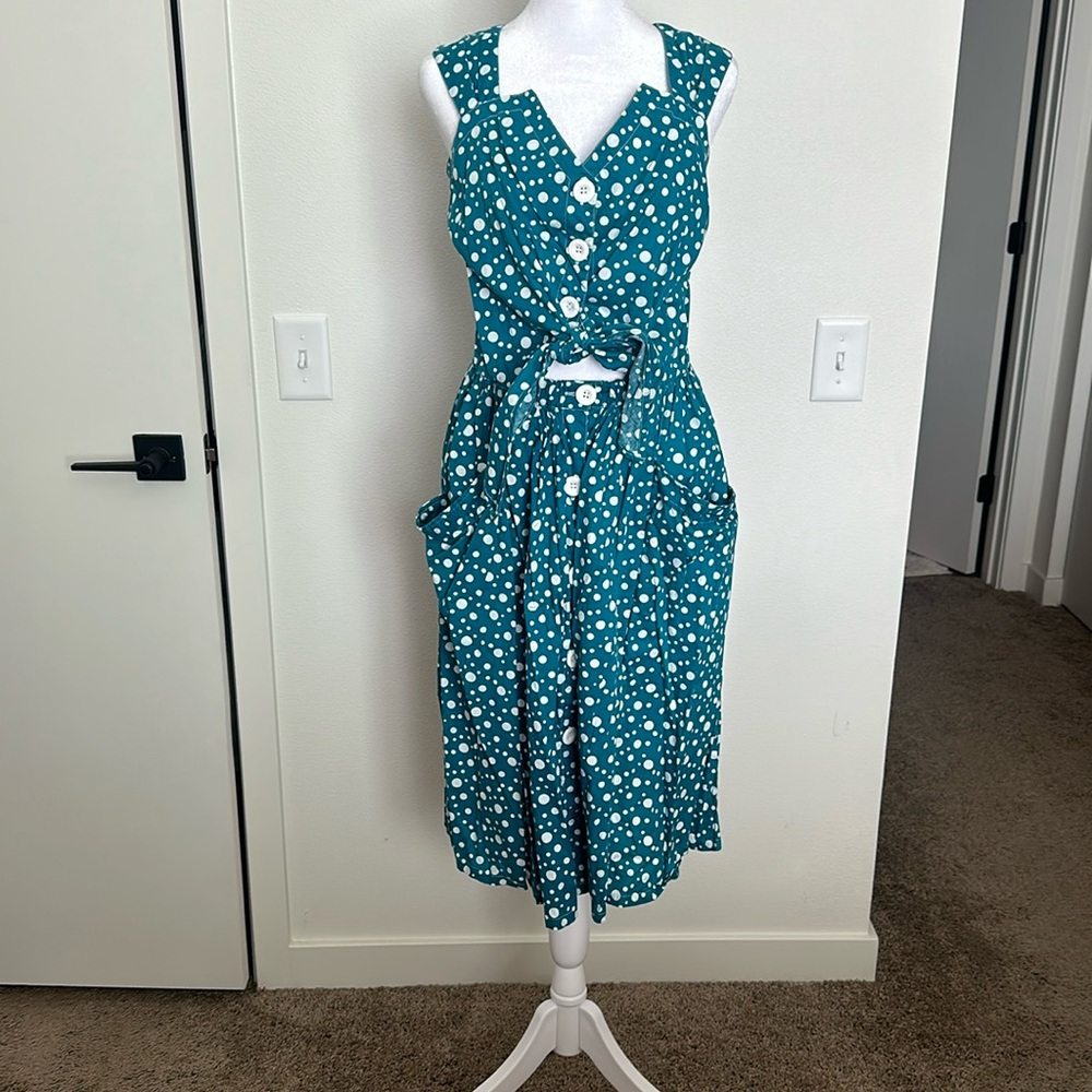 Teal and white polka dot dress